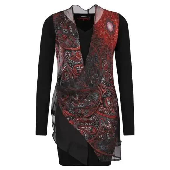 Desigual Black Red Paisley Scarf Overlay Bernard Long Sleeve Mini Dress Size S - Picture 2 of 6